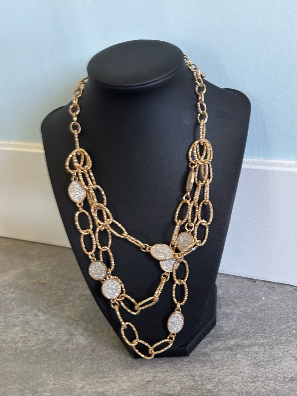 Gold-Tone Multi-Strand Oval Link Necklace with Pave Discs 2 Two Tone